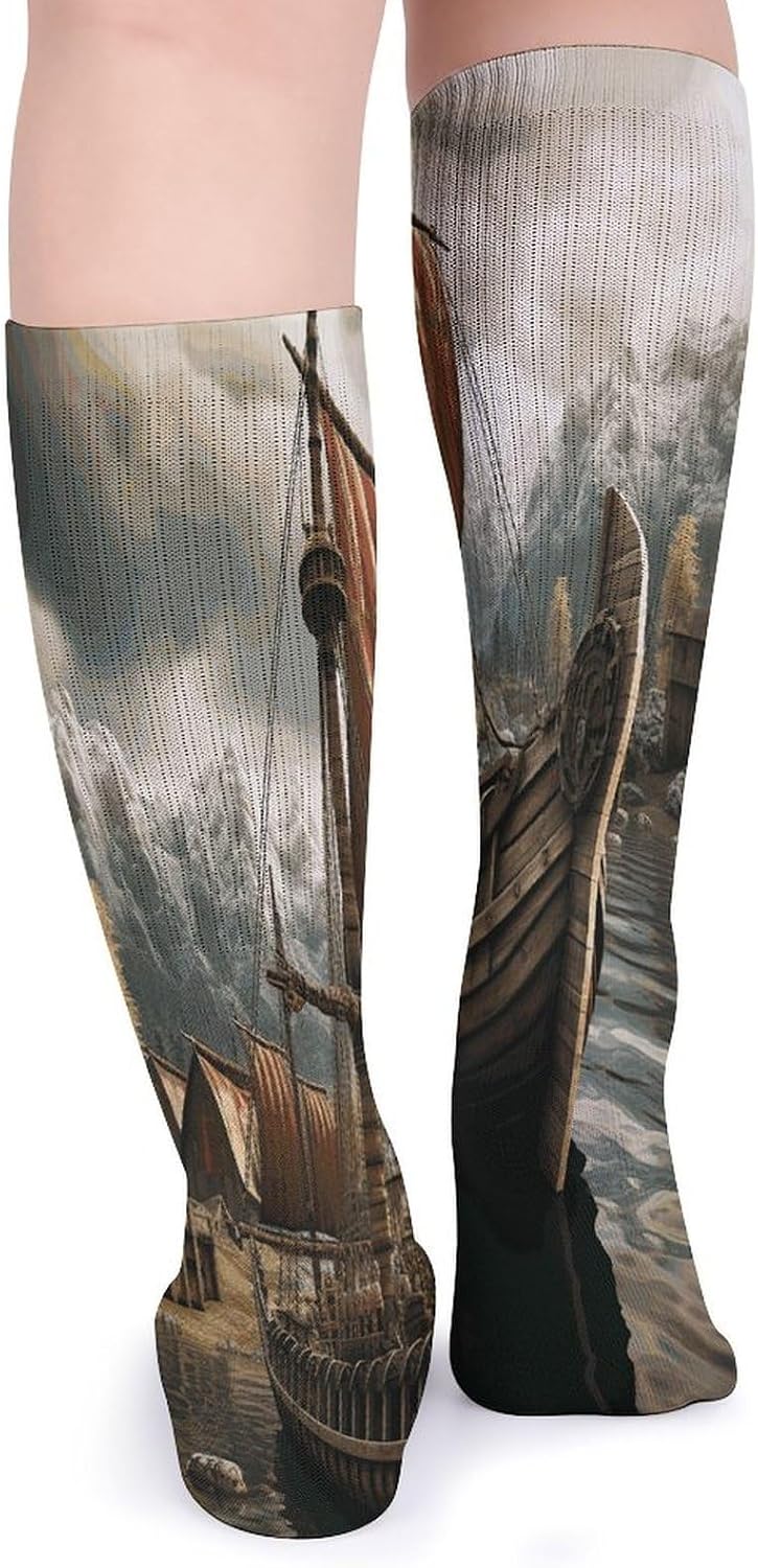 Old Viking Boat Knee High Socks Cozy Knee High Socks Soft Mid-Length Sock for All Seasons Daily Wear Adult