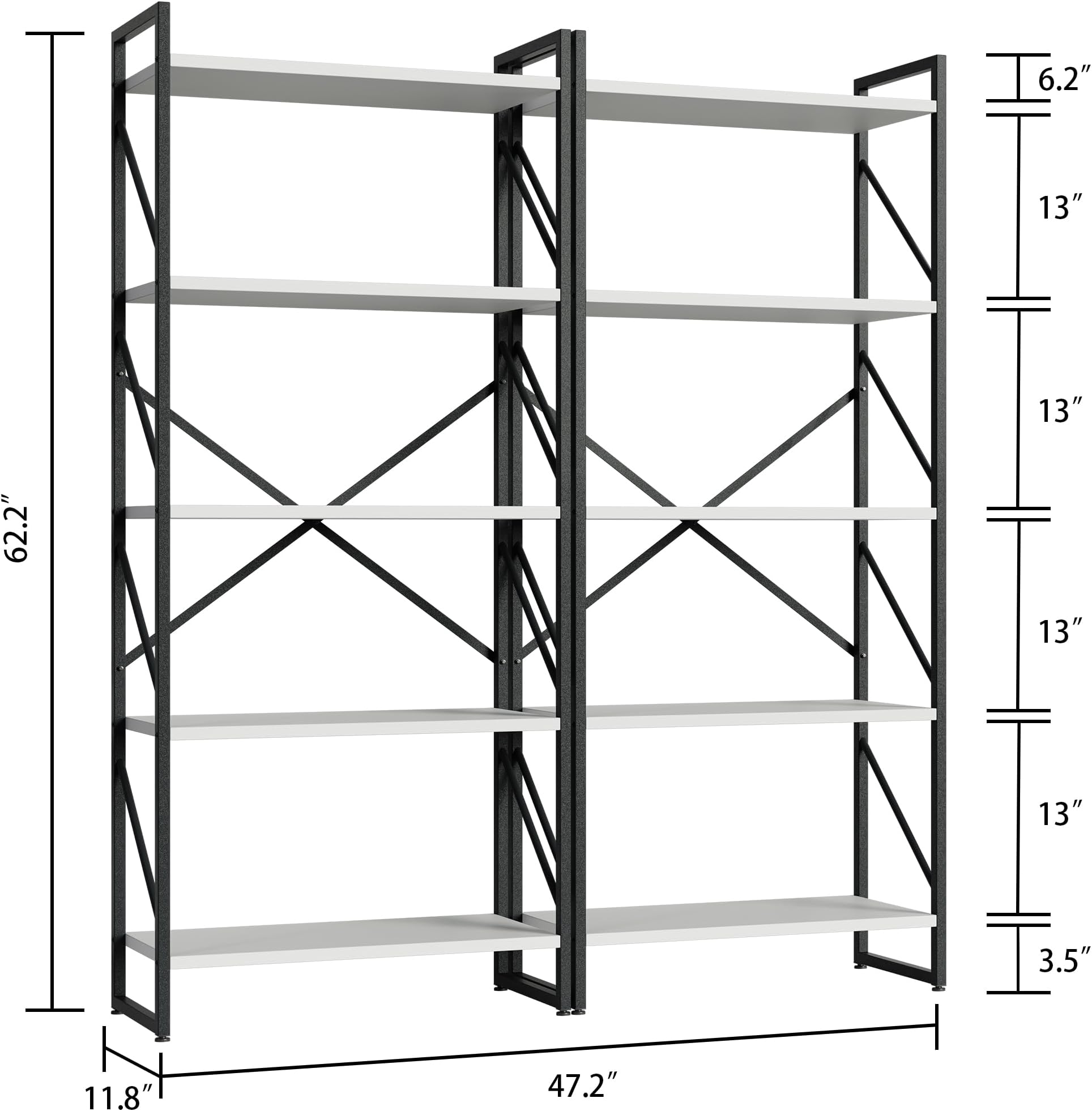 Shintenchi 2-Tier Bookshelf: Tall Industrial Bookcase for Living Room/Home/Office, Modern Book Holder with Storage Rack Shelves - White