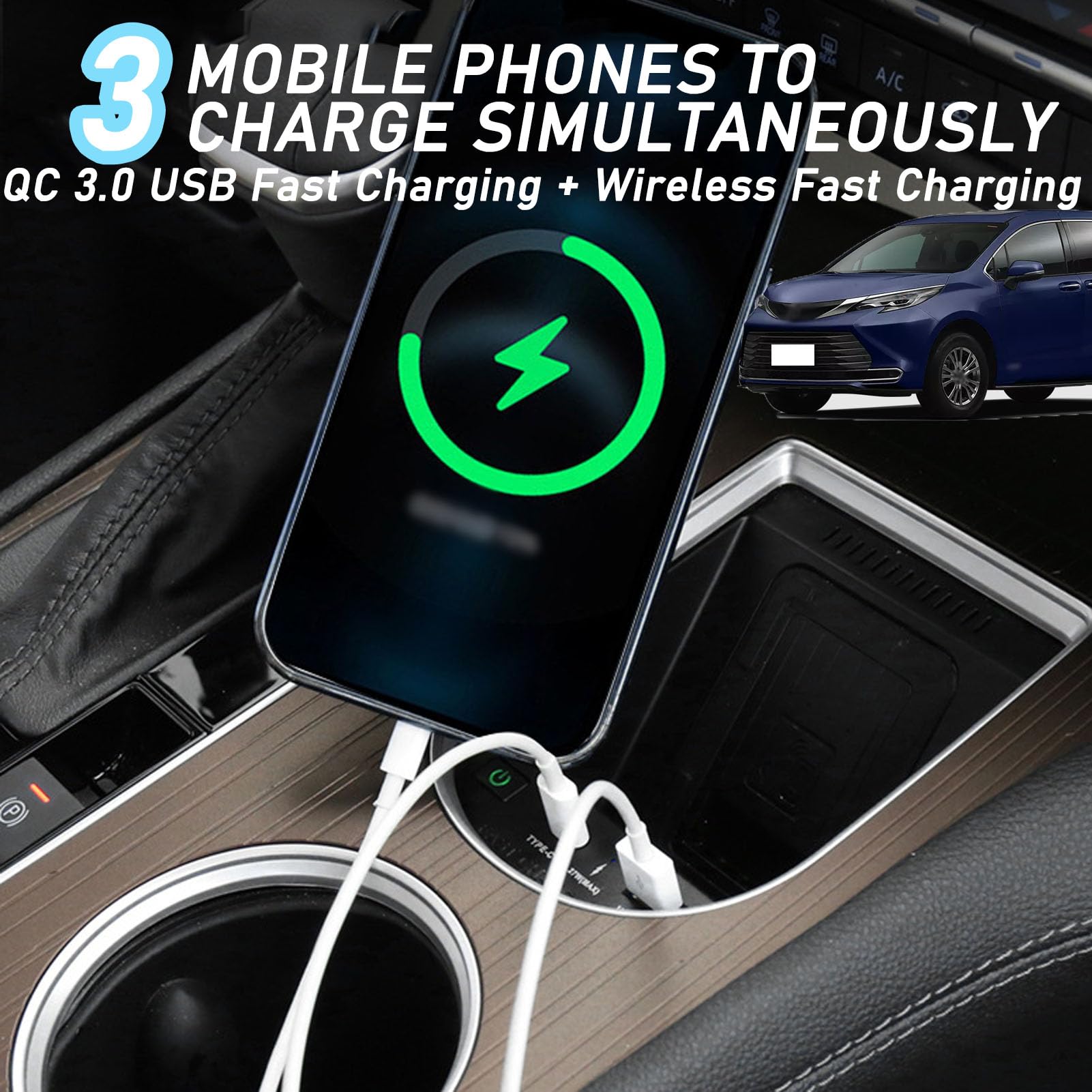 Caricabatteria da Auto Wireless per Toyota Sienna (2021 2022 2023) Accessorio per Tutti I Modelli con Ricarica Rapida Wireless da 15 W, Regalo per La Famiglia