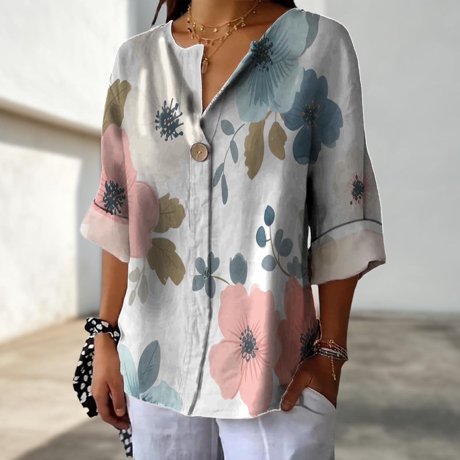 Cute T Shirts for Women Spring Mayo Clothes Floral Graphic Long Sleeve V Neck Button Down Basic Tops - Image 2
