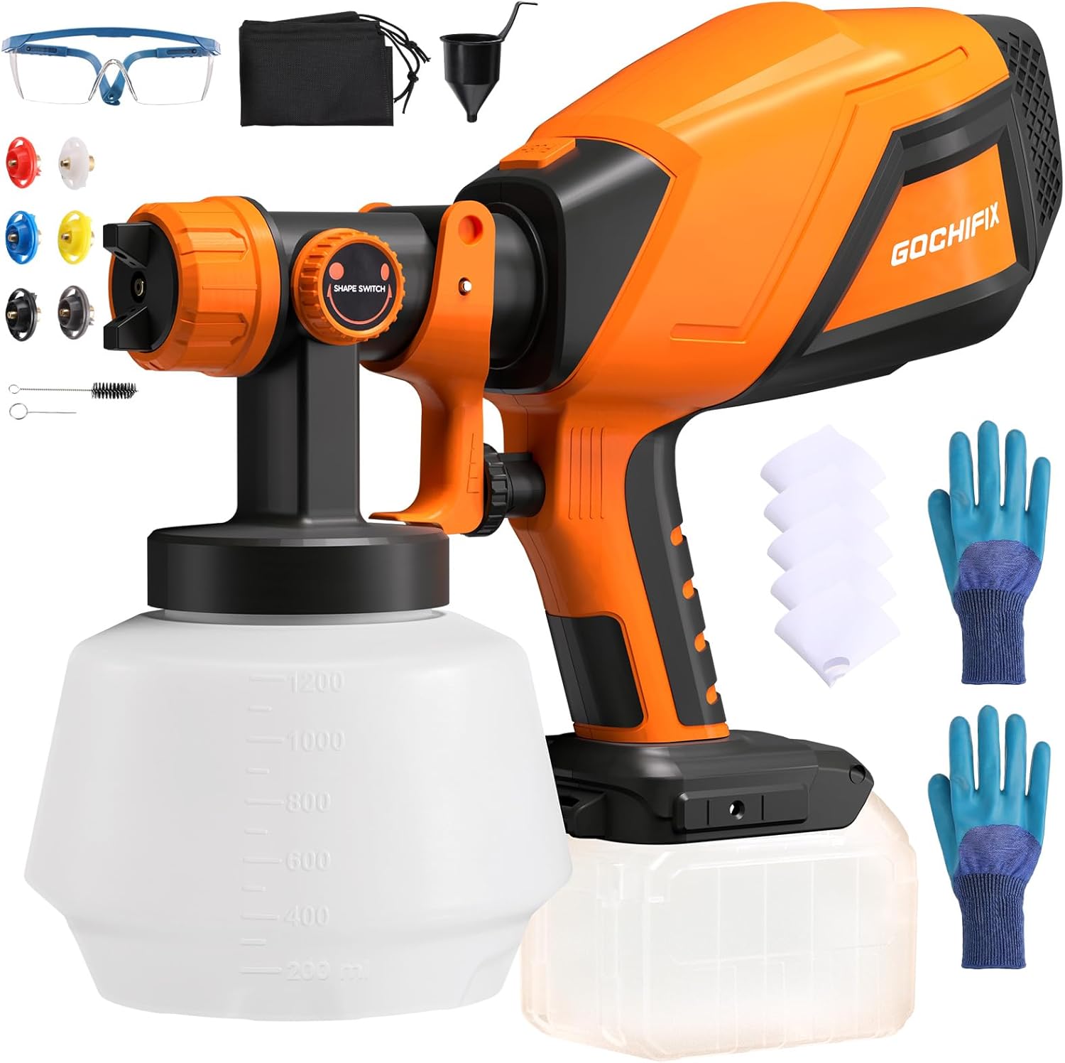 Cordless Paint Sprayer, HVLP Electric Spray Gun Compatible with Dewalt 20V Battery(Not Included), 6 Nozzles, Adjustable Flow/Width Control, 1200ml, Easy to Clean, for House Painting Furniture