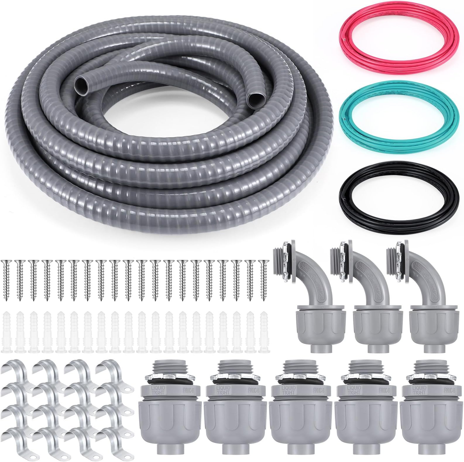 Power Whip Assembly Kit 1/2" x 25 ft Nonmetallic Liquid Tight Flexible Electrical Conduit with 10 Gauge Wire Straight and 90 Degree 1/2'' Fittings Conduit Straps Expansion Tubes with Screws