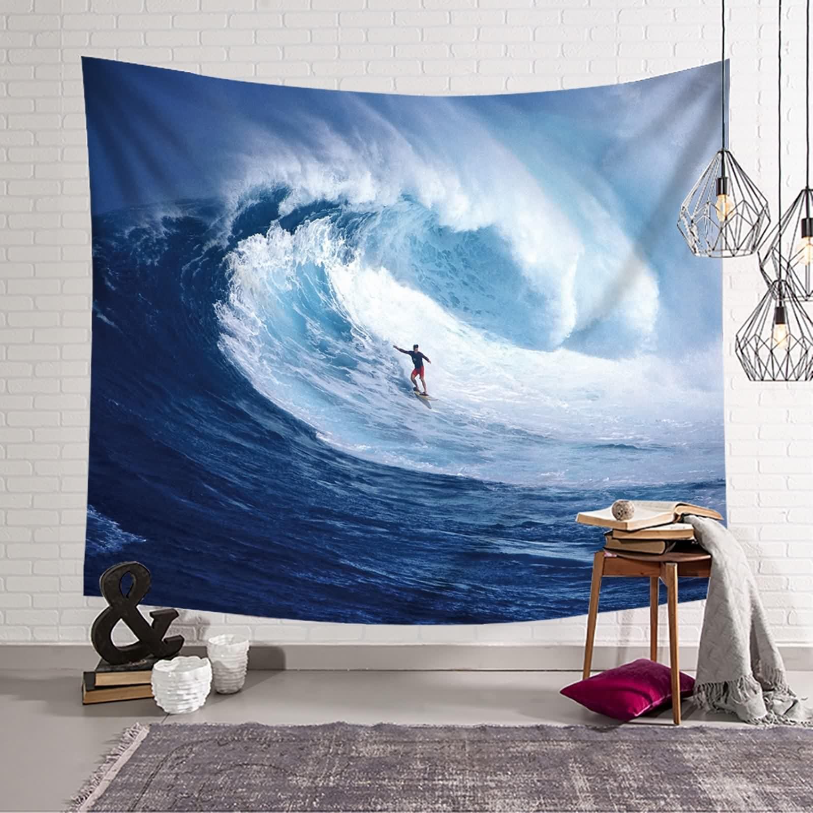 KnSam Dywan ścienny, ocean, fala morska, surfer 300 x 256 cm, chusta ścienna, ciemnoniebiesko-biała z poliestru, naturalny krajobraz, gobelin ścienny, do pokoju, akademika, sypialni