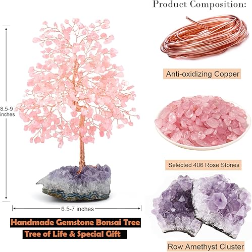 Miniatura 3 de Árbol de la vida con piedras preciosas de cristal, cuarzo rosa natural (conteo de 406 piedras) con base de racimo de amatista, energía positiva para