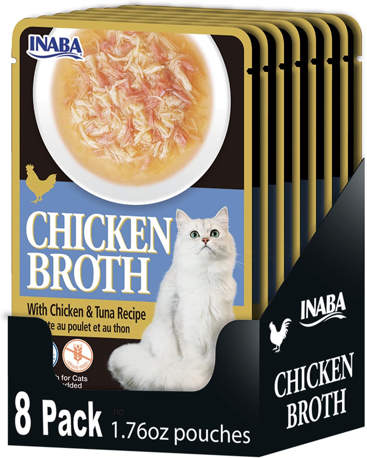 INABA Chicken Broth Side Dish for Cats with Vitamin E, Eight 1.76 Ounce Pouches, Chicken and Tuna Recipe
