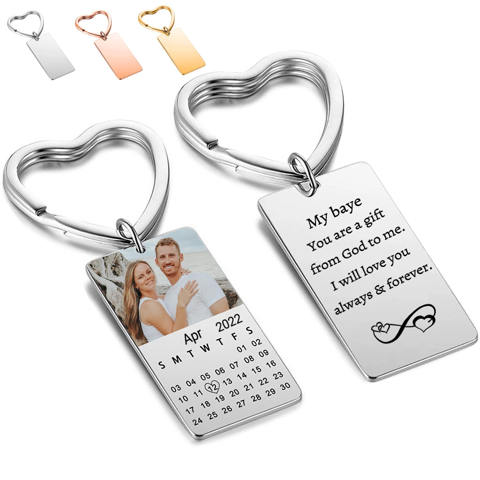 Reuhen Custom Stainless Steel Keychain with Engraved Calendar Date Photo and Text,Personalized Engraved Message Keyring,Family,Friend,Couple Birthday Valentine's Day Gift