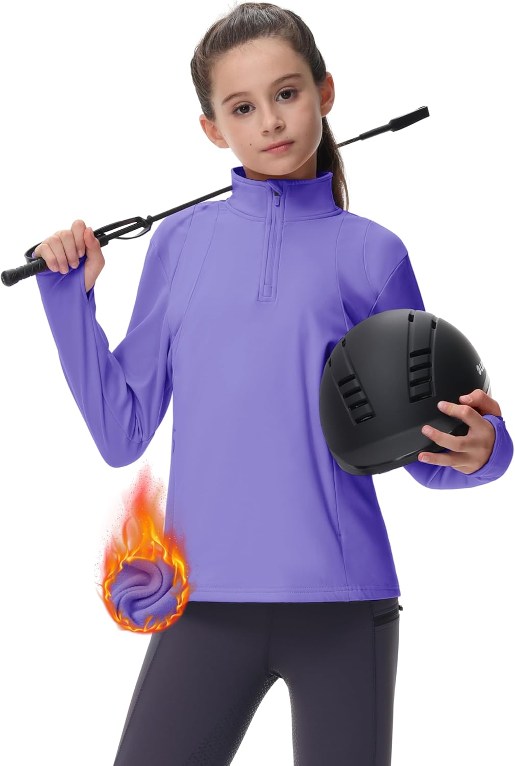 MoFiz Girls Long Sleeve Equestrian Riding Shirt Soft Thermal Half Zip Fleece Lined Jacket for Winter Horseback Riding Kids - Image 2