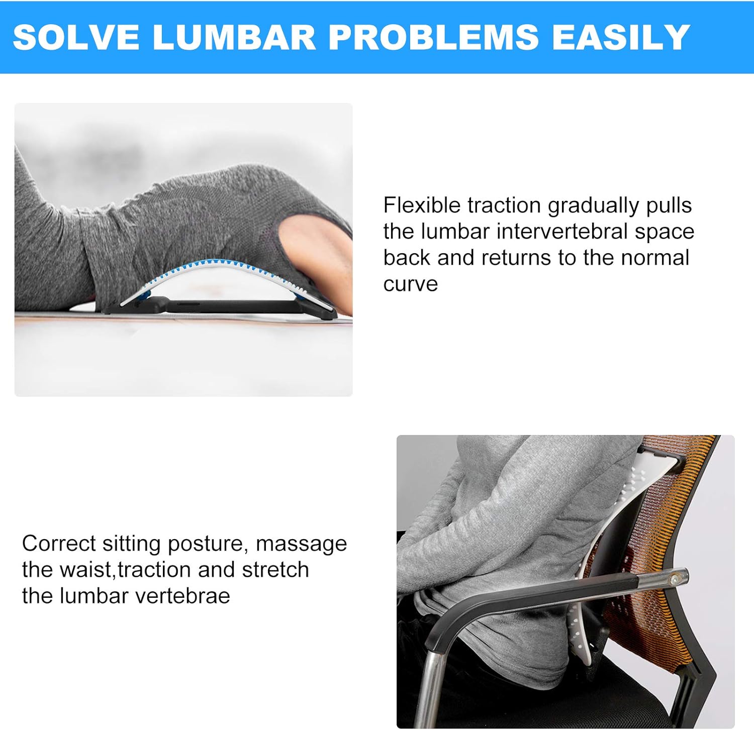 Uр Tо 40% оƒƒ Back Stretcher Device - Lower Back Pain Relief, Lumbar Stretching Treatment，Spinal Stenosis - Posture Corrector - Back Support for Office Chair(White/Blue)
