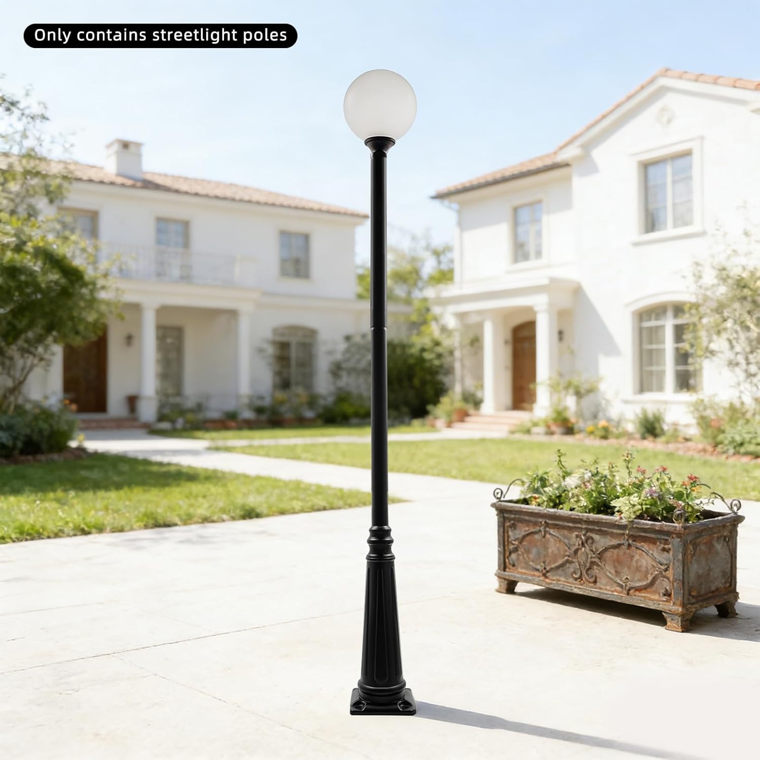 380cm/149.6" Height Outdoor Lamp Post with Top Globe and Ground Cage, 5-Section Design Outside Light Pole, Black Metal Lamp Post for Porch Patio Garage Yard Garden Driveway Home
