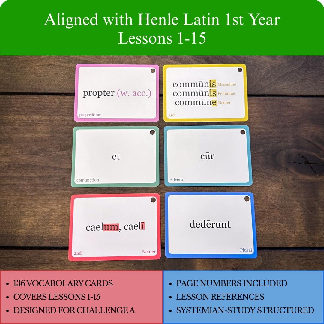 Latin Flashcards for Henle First Year – 240 Vocabulary Cards for Challenge A (Lessons 1–15) – Color-Coded Latin Study Cards for Homeschool & Classical Classroom