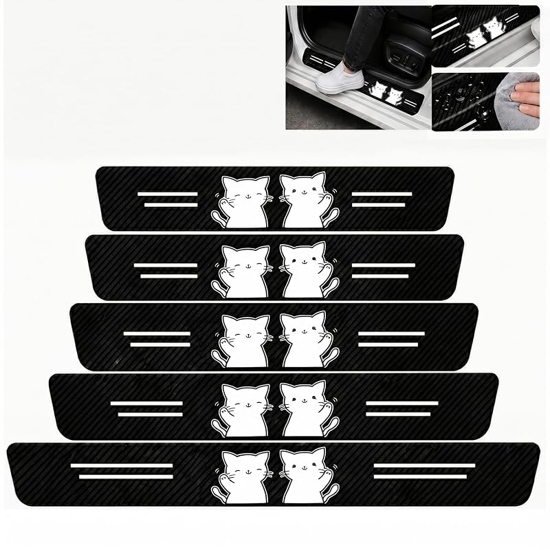 Kit com 5 Protetores de Soleira para Porta de Carro TnLnYn em Couro com Textura de Fibra de Carbono, 2 Gatos Brancos