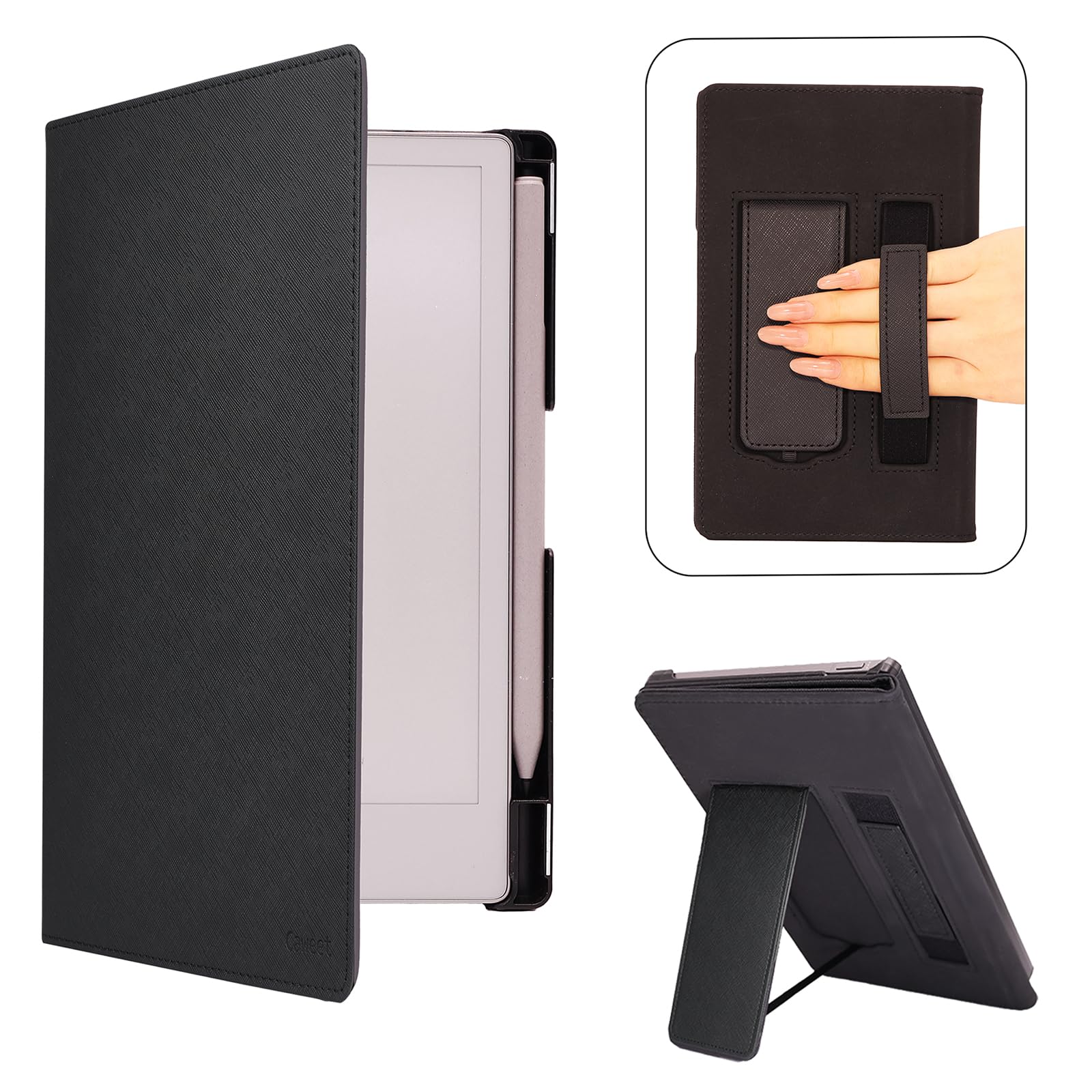 Caweet Ständer-Hülle für Remarkable Paper Pro Move (7,3 Zoll) – Schutzende Harte Rückwandhülle, buchartiges Faltcover mit Auto-Schlafen/Aufwachen-Funktion, Stifthalter und Handriemen, Schwarz