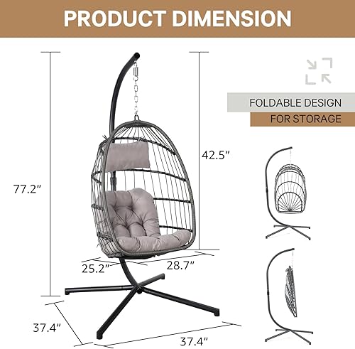 Miniatura 2 de Silla columpio colgante con soporte y funda para clima, plegable para interiores y exteriores, cesta de mimbre con cojín para dormitorio, patio,