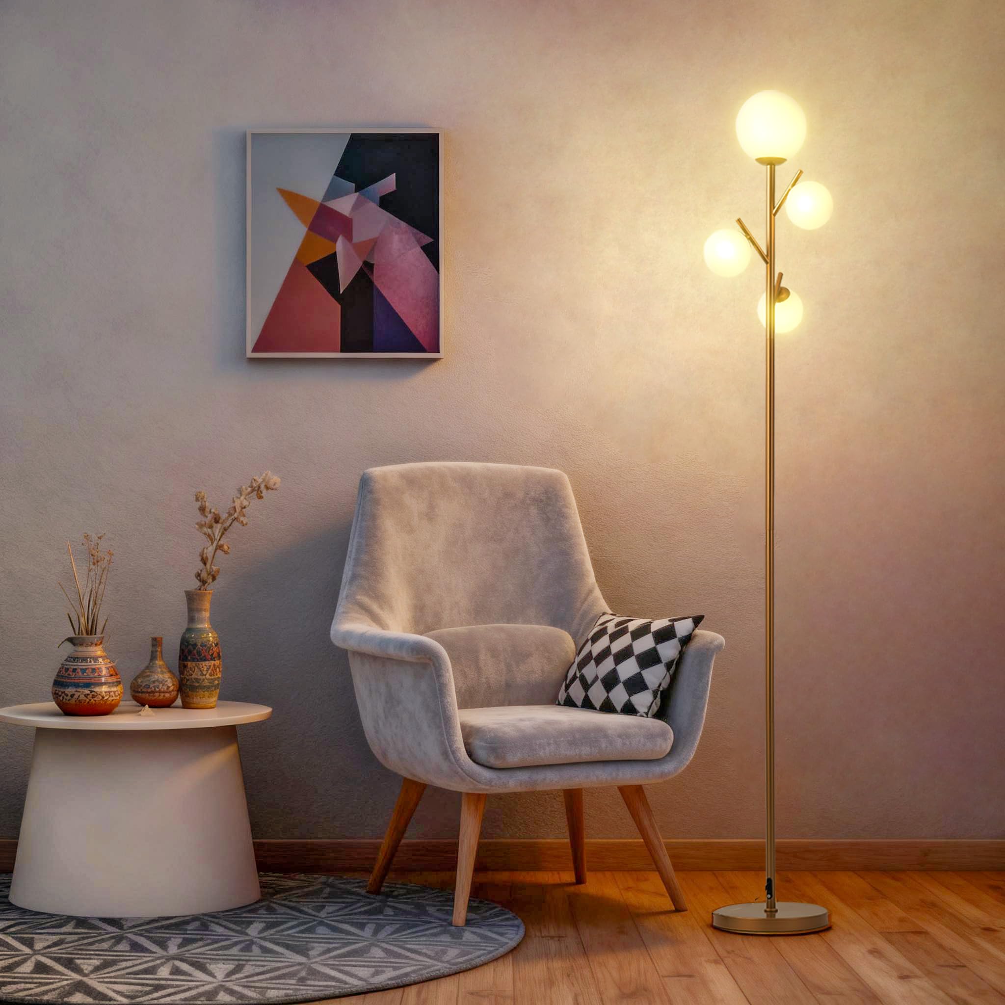 Fiqevs 4 Globe Gold Floor Lamp, Modern Sputnik Tree Standing Lamp with Frosted Glass Ball Lampshade & 3000K LED Bulbs, Mid Century Contemporary Tall Lamp for Living Room, Bedroom - Antique Brass