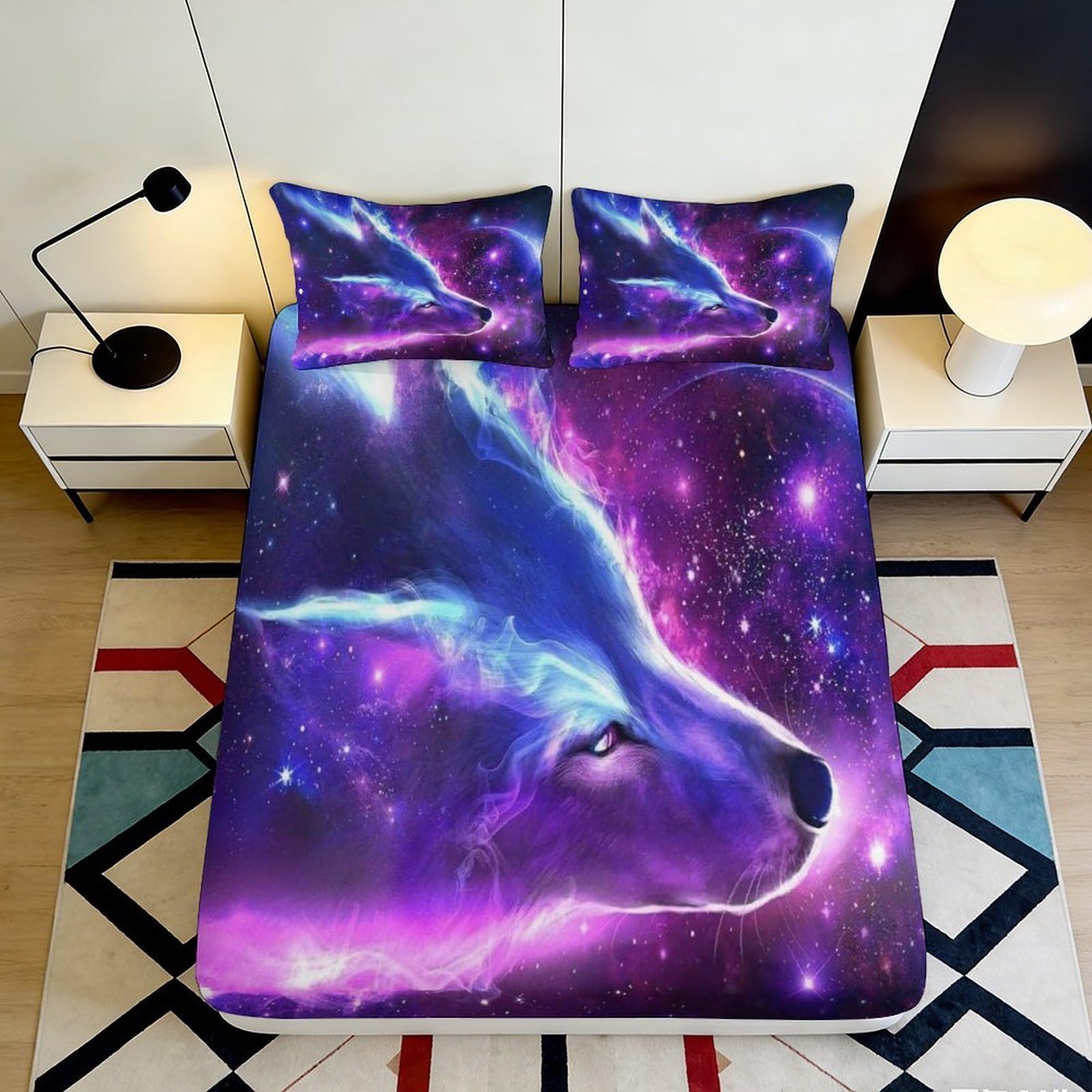 3D Printed Galaxy Wolf Fitted Sheet Microfiber Soft Breathable Cosmic Nebula Mattress Cover for Bedroom Dormitory Guest Room Mattress Protection 160x200x25cm