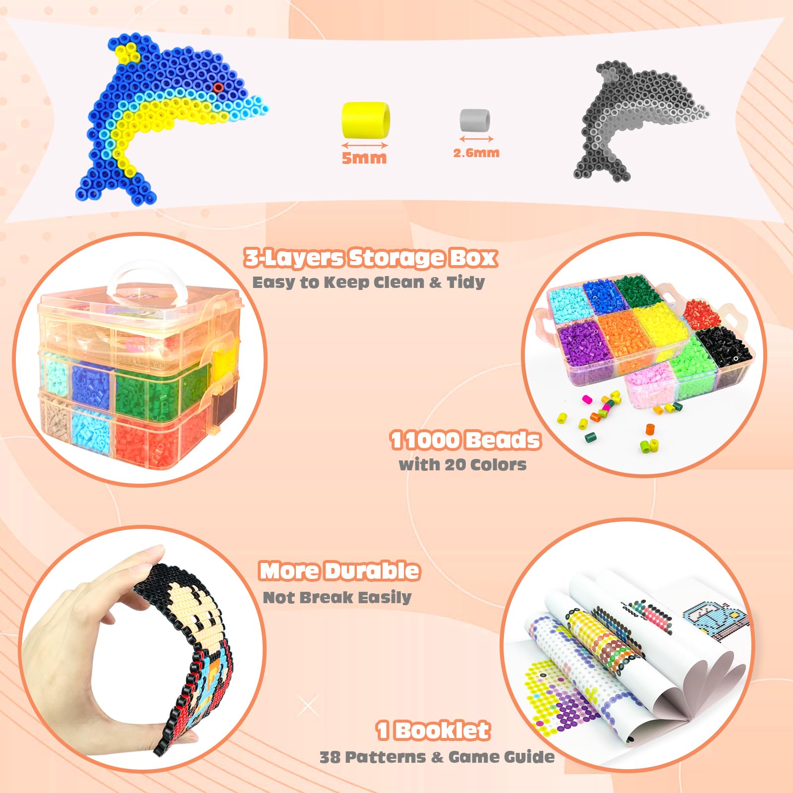 11000 Pezzi Perline da Stirare, 20 Colori Perline a Fusione con Custodia, Pegboard, Guida Utente, Decorazioni, Creativo Regali Compleanno Natalizio Fai Da Te per Bambini di 5+ Anni (5MM)