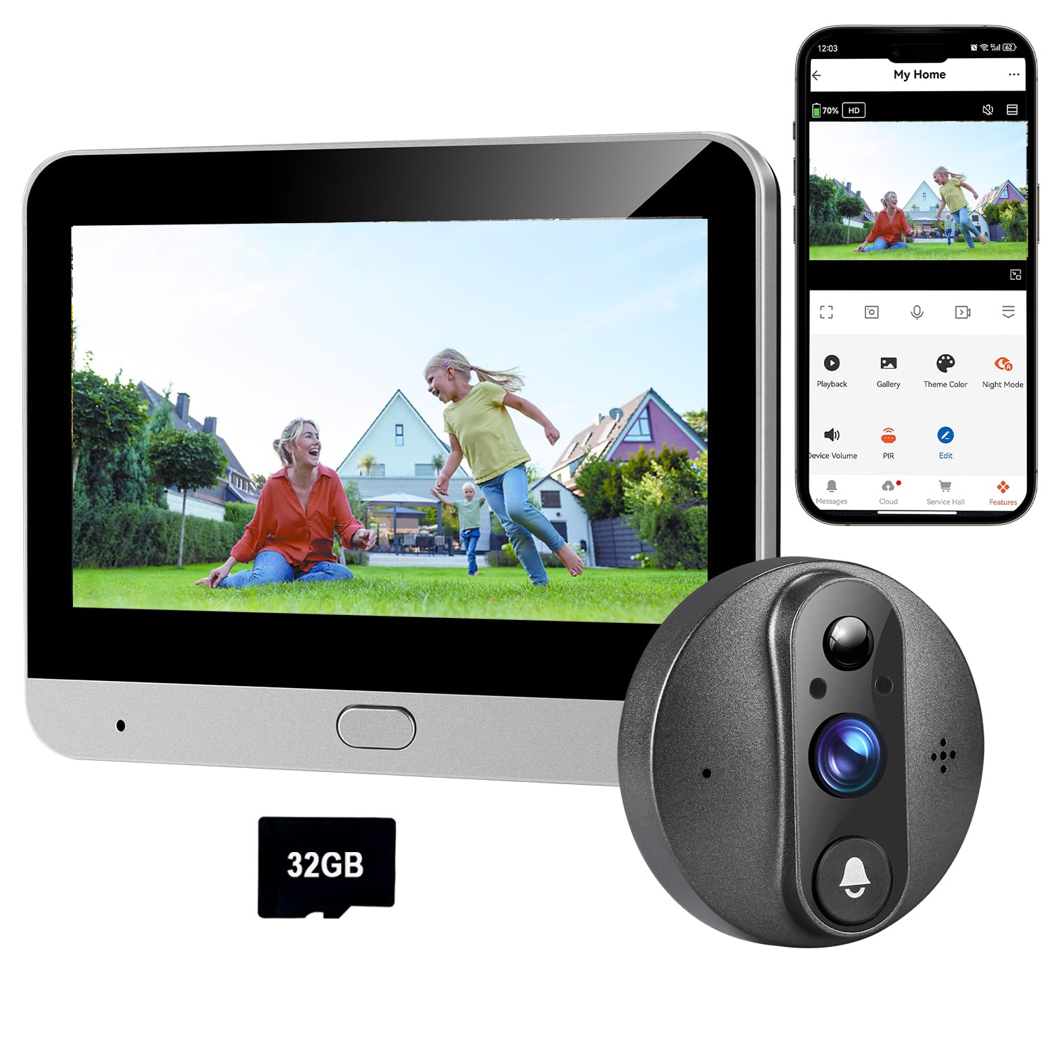 Wizjer do drzwi 3 PA, z kartą pamięci 32 GB, kolorowy ekran o przekątnej 4,3", 2K, bezprzewodowy dzwonek do drzwi, kamera z kątem 160° z akumulatorem 5000 mAh, wykrywanie ruchu PIR, bez opłat