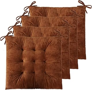 ELFJOY Set of 4 Cotton Square 16” x 16” Tufted Chair Pads Indoor Seat Cushions Pillows with Ties (Coffee)