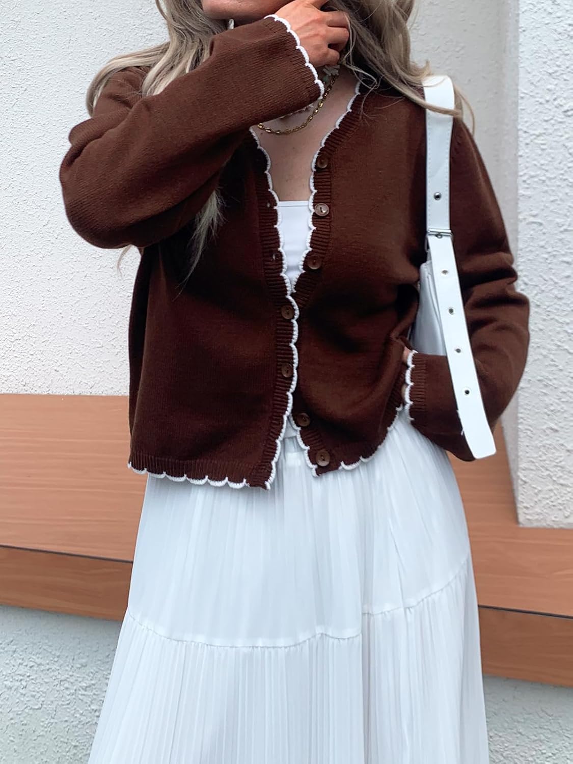 Women Long Sleeve Cardigan Button Down Knit Jackets Open Front Cropped Contrast Color Trim Sweaters Fall Winter - Image 3