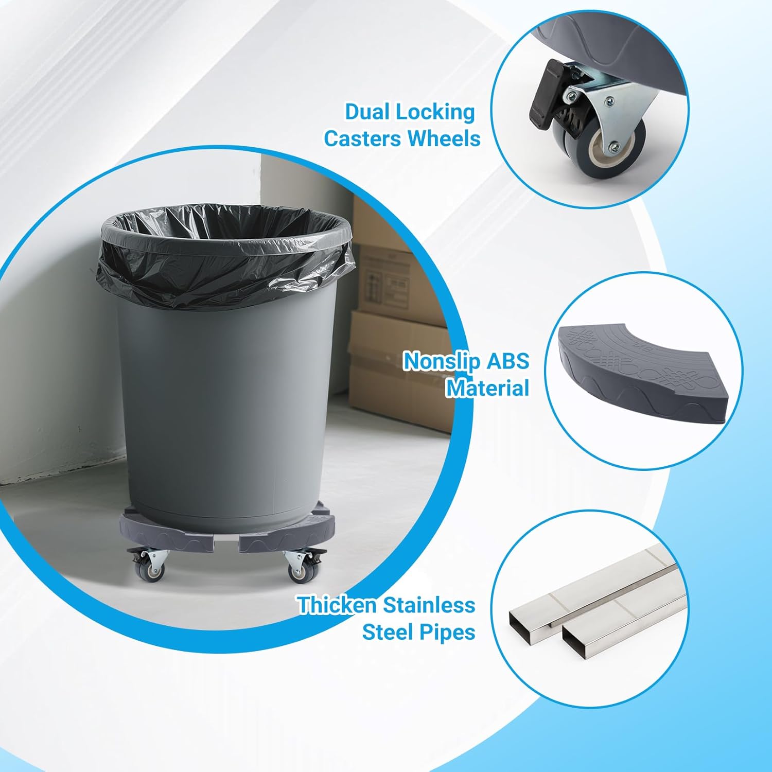 Round Dolly with Wheels, Adjustable 15-19 Inch Heavy Duty Trash Can Roller Base Drum Keg Dolly with Locking Wheels, 440 LBS Multi Function Rolling Dollies, Grey (2 Packs)