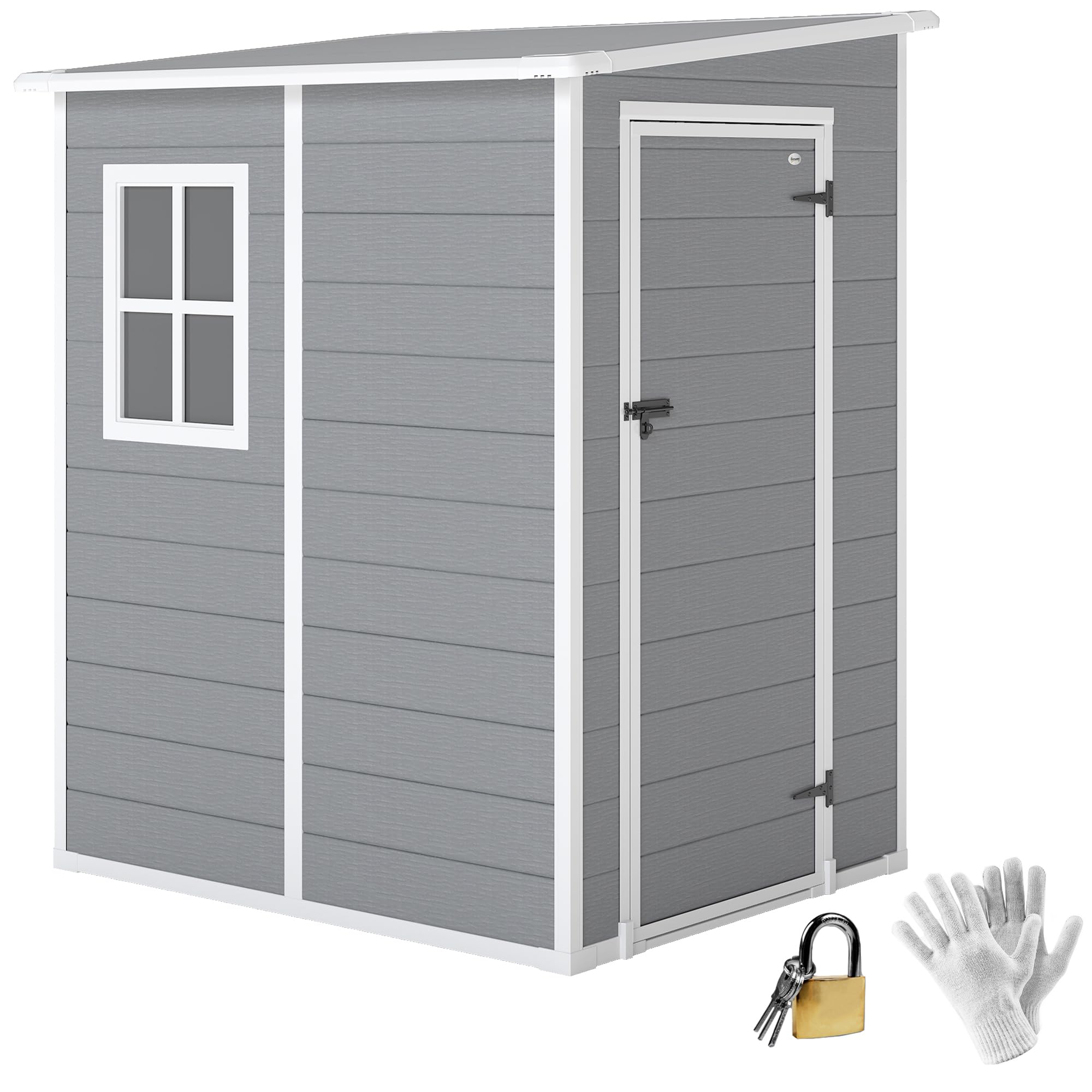 Outsunny 4 x 5FT Plastic Garden Shed with Floor, Lean to Outdoor Storage Shed, Lockable Tool Storage House with Window, Vent and Plastic Roof, Grey
