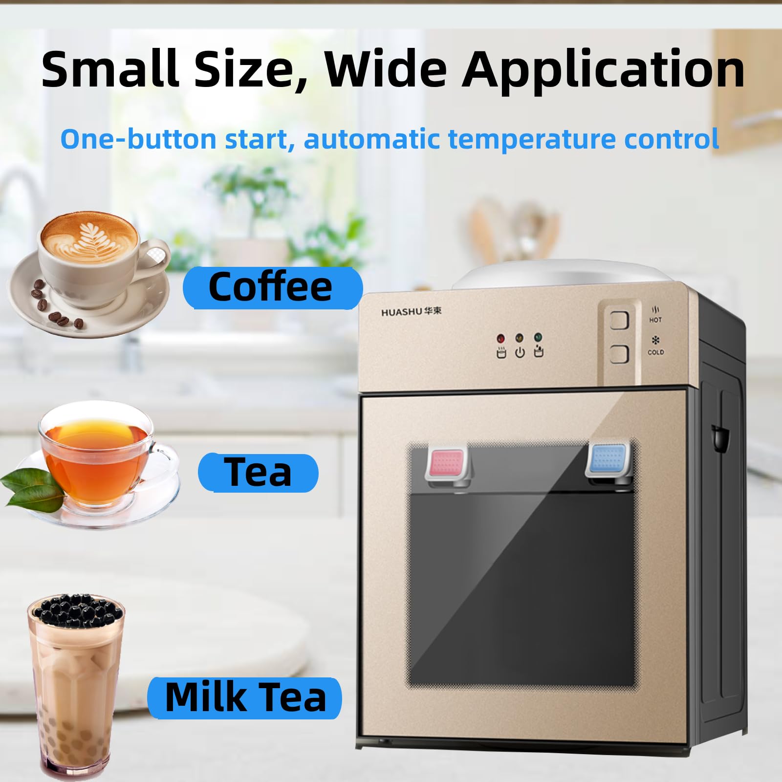 Top Loading Electric Hot and Cold Water Dispenser, Small Desk Water Cooler Dispenser for 4.2gal Bottle, 2 Layers One-Touch Switch Countertop Water Dispenser with 3 Indicator Lights (Champagne)