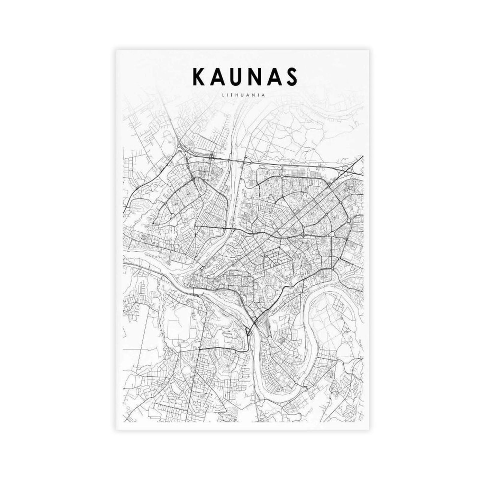 QOGDAF Kaunas Lithuania Map Canvas Poster Bedroom Decor Landscape Office Room Decor Gift 08x12inch(20x30cm)