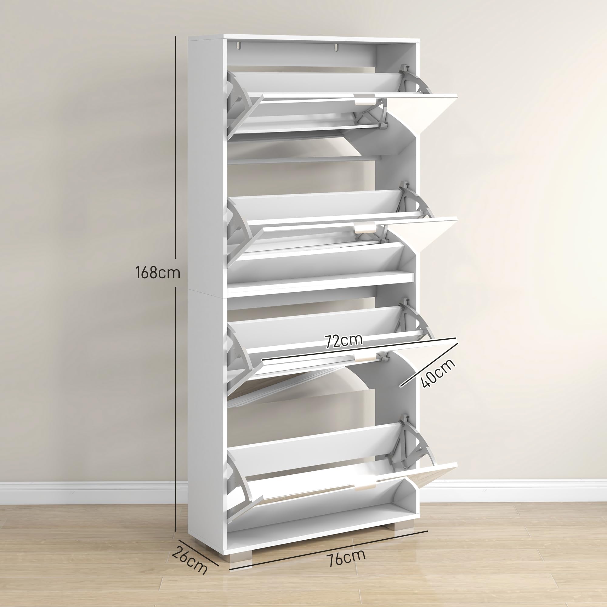 HOMCOM Scarpiera Salvaspazio con Specchio e 4 Cassetti a Ribalta, Mobile Portascarpe Slim per 24 Paia di Scarpe per Ingresso e Camera, 76x26x178cm, Bianco
