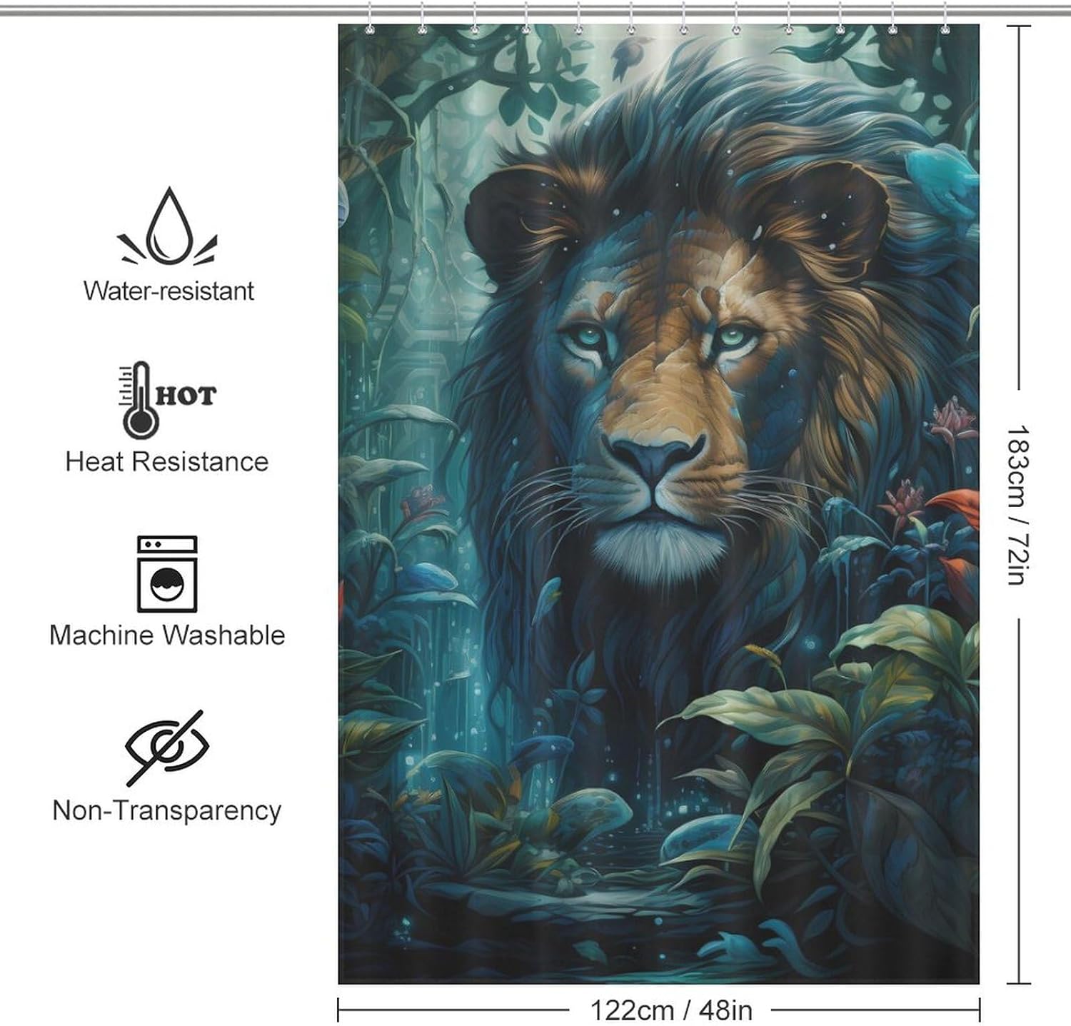 Tropical Rainforest Animal Lion Funny Shower Curtains Washable Bath Curtain Liner with Hooks for Bathroom Bath Tubs