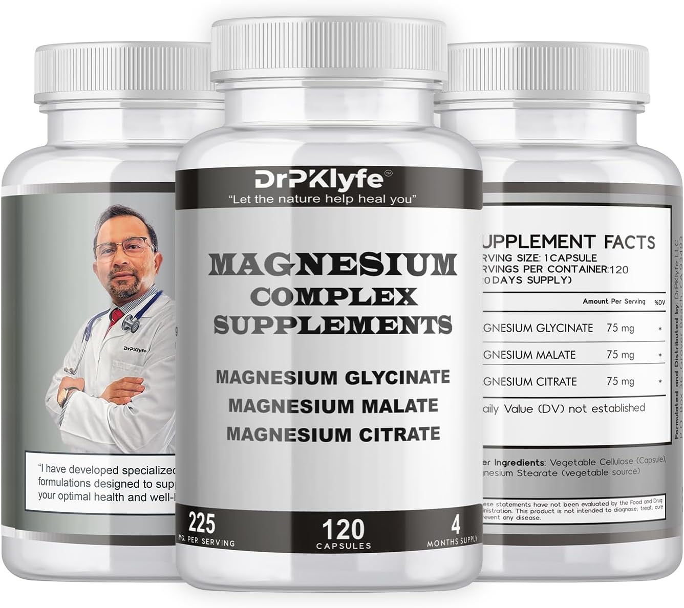 Board Certified Internist’s Recommendation: Magnesium Complex Capsule| Glycinate |Malate|Citrate for Optimal Health|225mg, 4 Months Supply for Heart, Muscle & Bone Health – DrPKLyfe