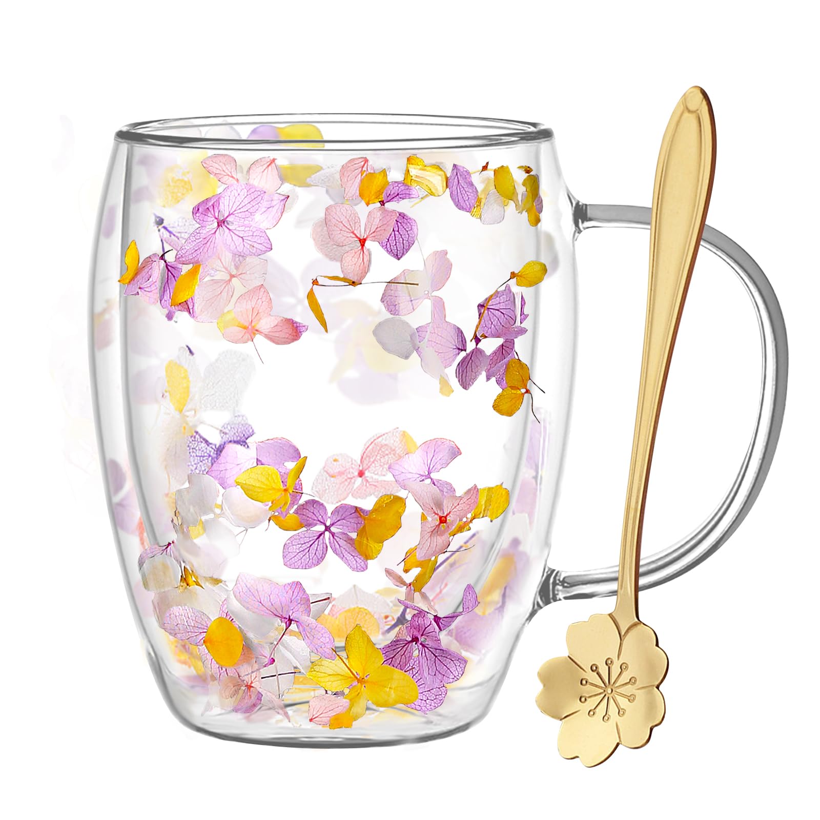 Arefen Double Wall Glass Coffee Mugs, Aesthetic Dried Flowers Cups with Handles,Espresso Cups for Cappuccino Coffee Tea Milk,Insulated Heat Resistant Glass Mug Christmas Birthday Gifts for Women