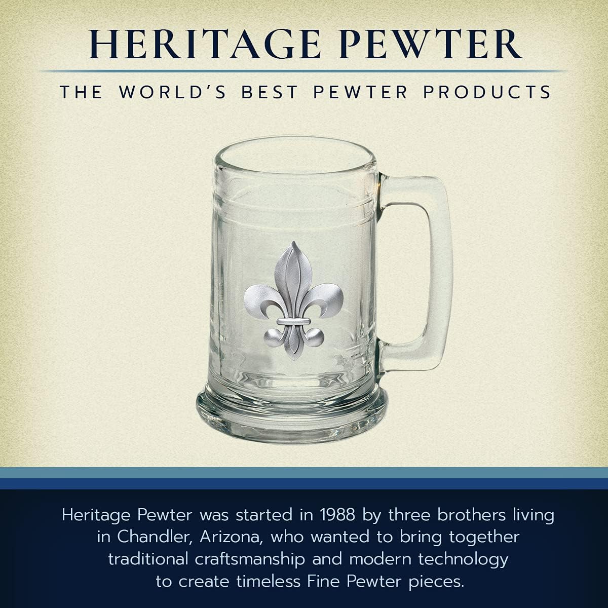 Heritage Pewter Fleur de Lis Beer Stein Glass | 15 Ounce German-Style Beer Glass | Intricately Crafted Metal Pewter Alma Mater Inlay