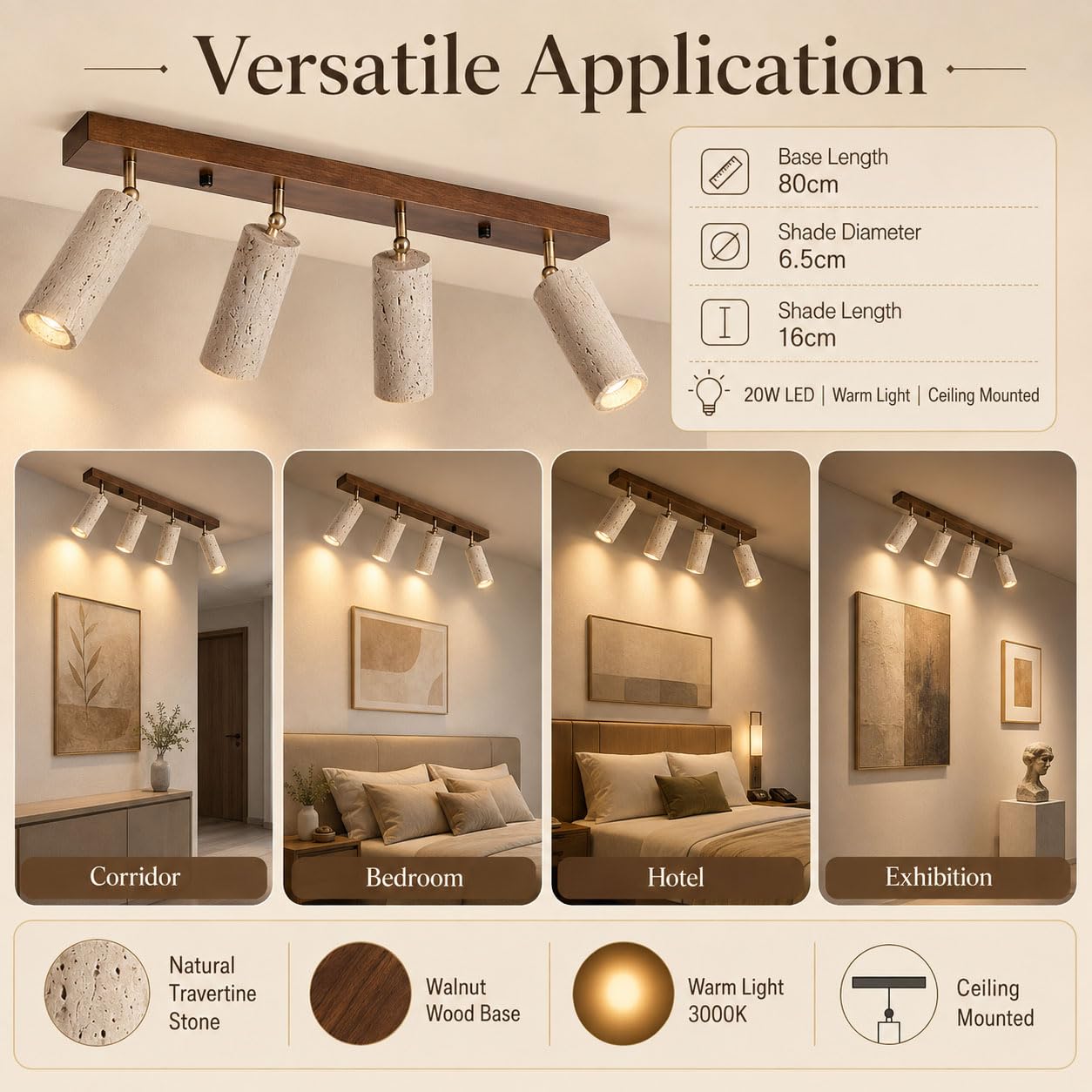 Trawertyn drewniany reflektor sufitowy, E27 LED 3000K