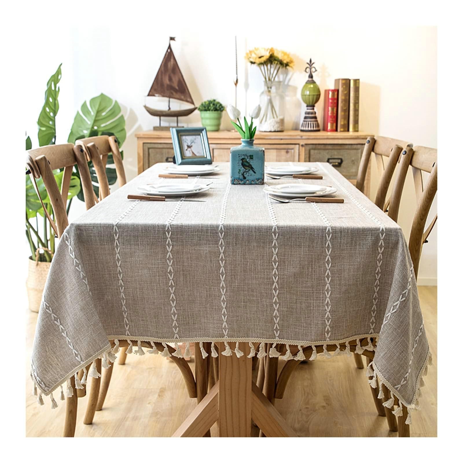 Gualiy Mantel Salon Rectangular, Poliéster Mantel de Cocina de Tela 120x180CM Mantel Cocina Impermeable Bordado Rayas con Borlas Manteles para Mesa de Centro, Caqui