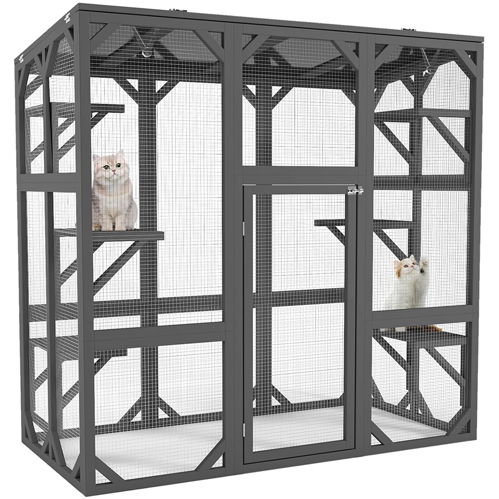 Catio Outdoor Cat House Large Cat Enclosure, Weatherproof Wooden Cat Shelter with Sunshine Panel Roof, 6 Platforms and Large Enter Door, Kitty House