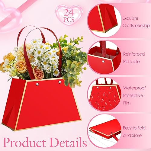 Miniatura 10 de Noveread 24 bolsas de regalo florales para el día de la madre, bolsa de papel portátil para ramo de envolver con asa, cajas de flores impermeables