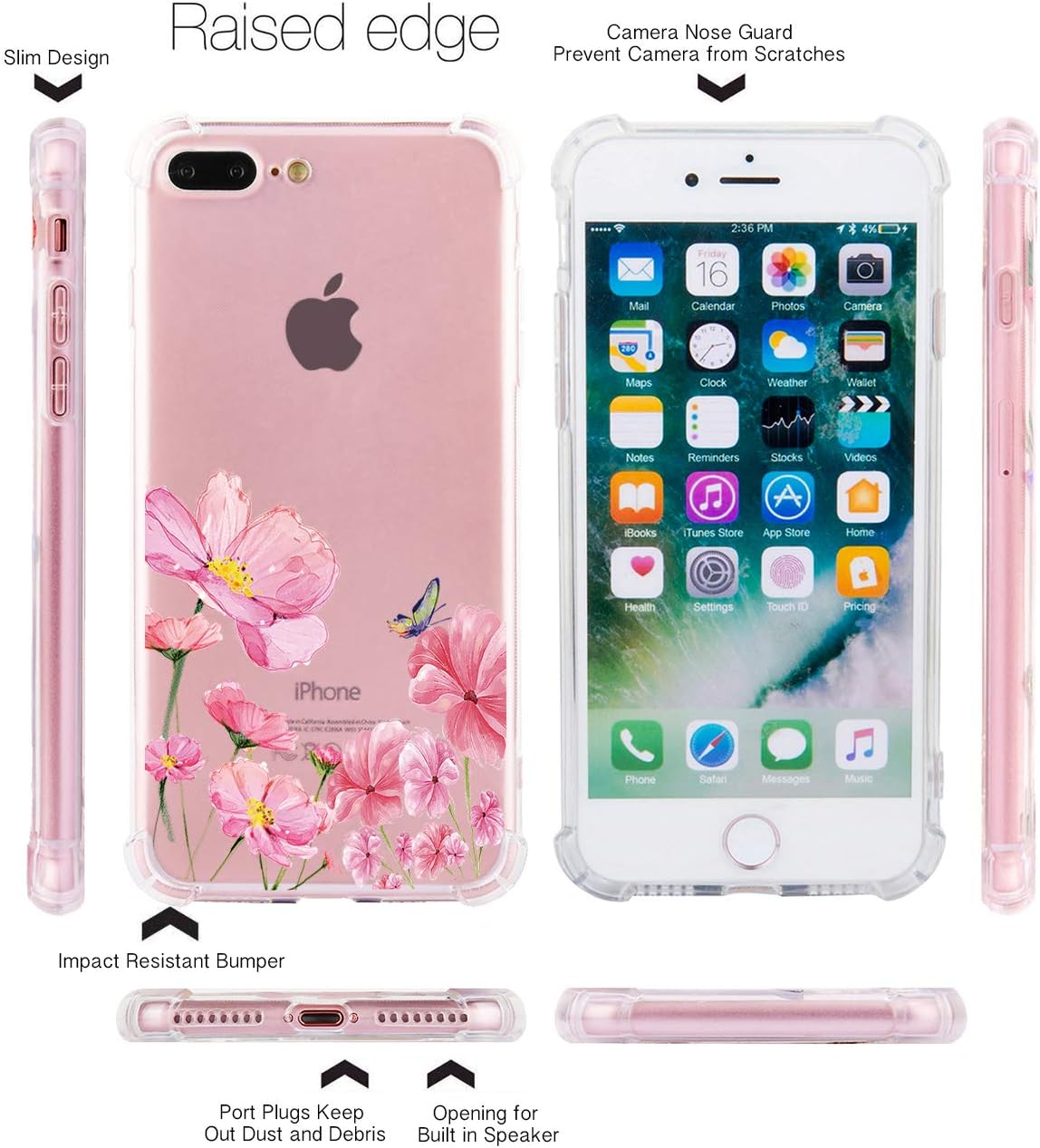 TRENSOM iPhone 8 Plus Pink Flower Case iPhone 7 Plus Clear Floral Butterfly Pattern Soft TPU Case Slim Flexible Shockproof Bumper Phone Cases Cover for Women Girls