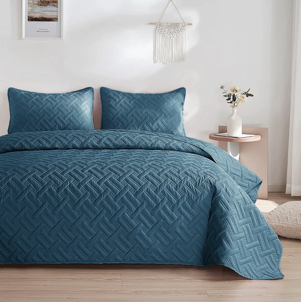 BSB HOME 100% Cotton Ultrasonic 280 Tc Solid King Size Quilted Bed Cover/Bedspread/Rajaai with 2 Pillow Case, (Luxurious, Color - Teal and Blue, 90X100 Inches, 254X228 cm), Pillow Cover and Quilt