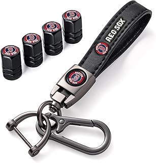 Combo of Red Sox Car Tire Valve Caps&Car Key Chain Cars for Red Sox Baseball Fans, 4pcs Car Tire Dust Caps& Keychain Accessories