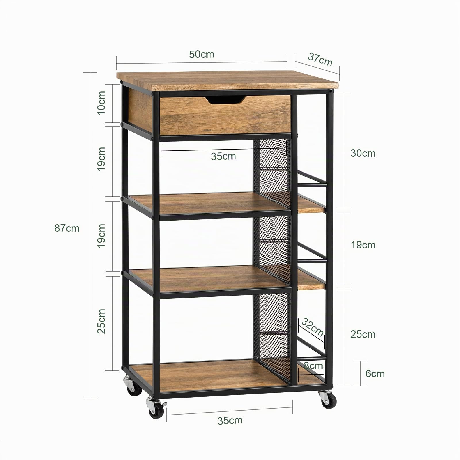 SoBuy Carrello Cucina con Ruote, Mobiletto Cucina Salvaspazio con 1 Cassetto, 3 Ripiani e Ripiani Laterali, Credenza Cucina o Bagno, Mobiletto Cucina Dispensa Stile Vintage 50 x 37 x 87 cm FKW99-N
