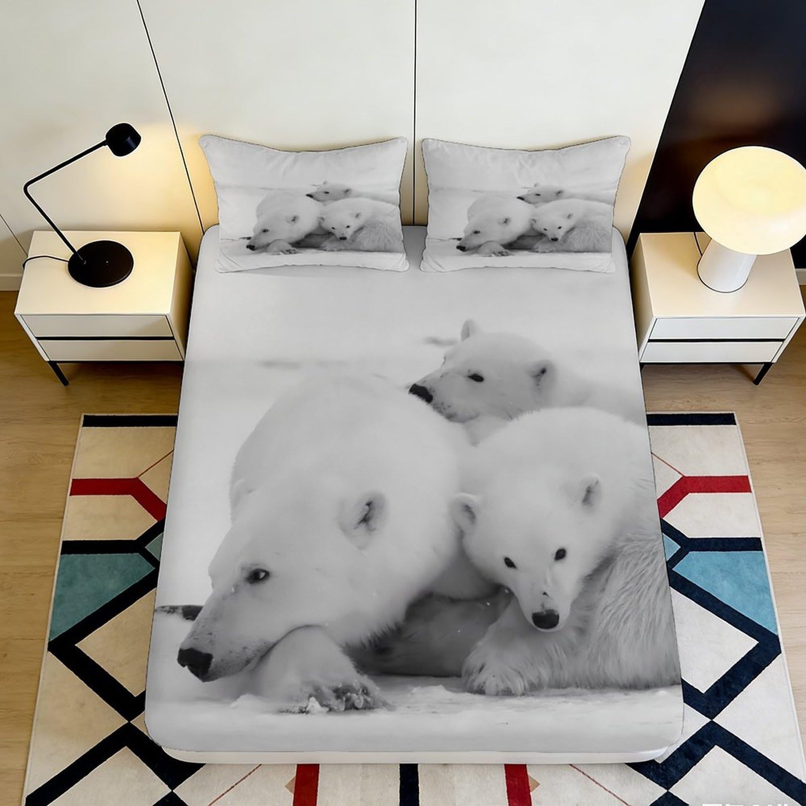 3D Printed Polar Bear Family Fitted Sheet Microfiber Soft Breathable Arctic Ice Mattress Cover for Bedroom Dorm Décor 90x200x25cm