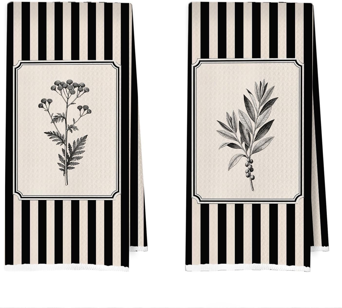 Black and White Kitchen Towels Set - Boho Botanicals Decorative Waffle Dish Towels, Minimalist Contemporary Hand Towel, Floral Tea Towel, 16×24 Inches Set of 2