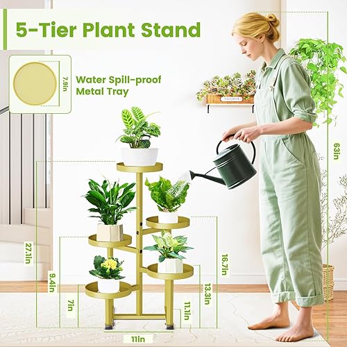 Miniatura 2 de Soporte para plantas de 5 niveles dorado para interiores y exteriores, estante esquinero de metal para múltiples plantas, soporte para macetas,
