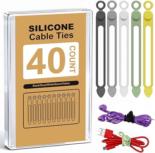40 bridas de silicona para cables, cuerda organizadora de cables reutilizables, lazos elásticos para electrónica, correas esenciales para sujetar