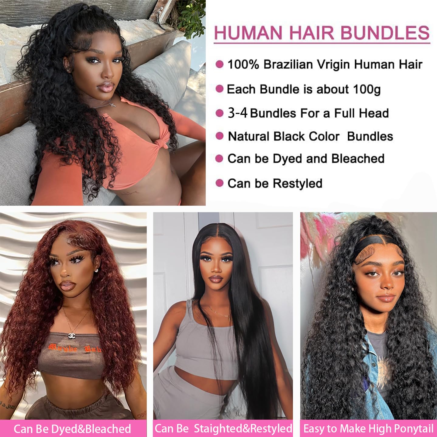 Bundles Human Hair Deep Wave 4 Bundles 22 24 26 28 Inch Brazilian Virgin Deep Wave Human Hair Bundles 100% Unprocessed 12A Wet and Wavy Bundles Natural Black Color Hair Extensions