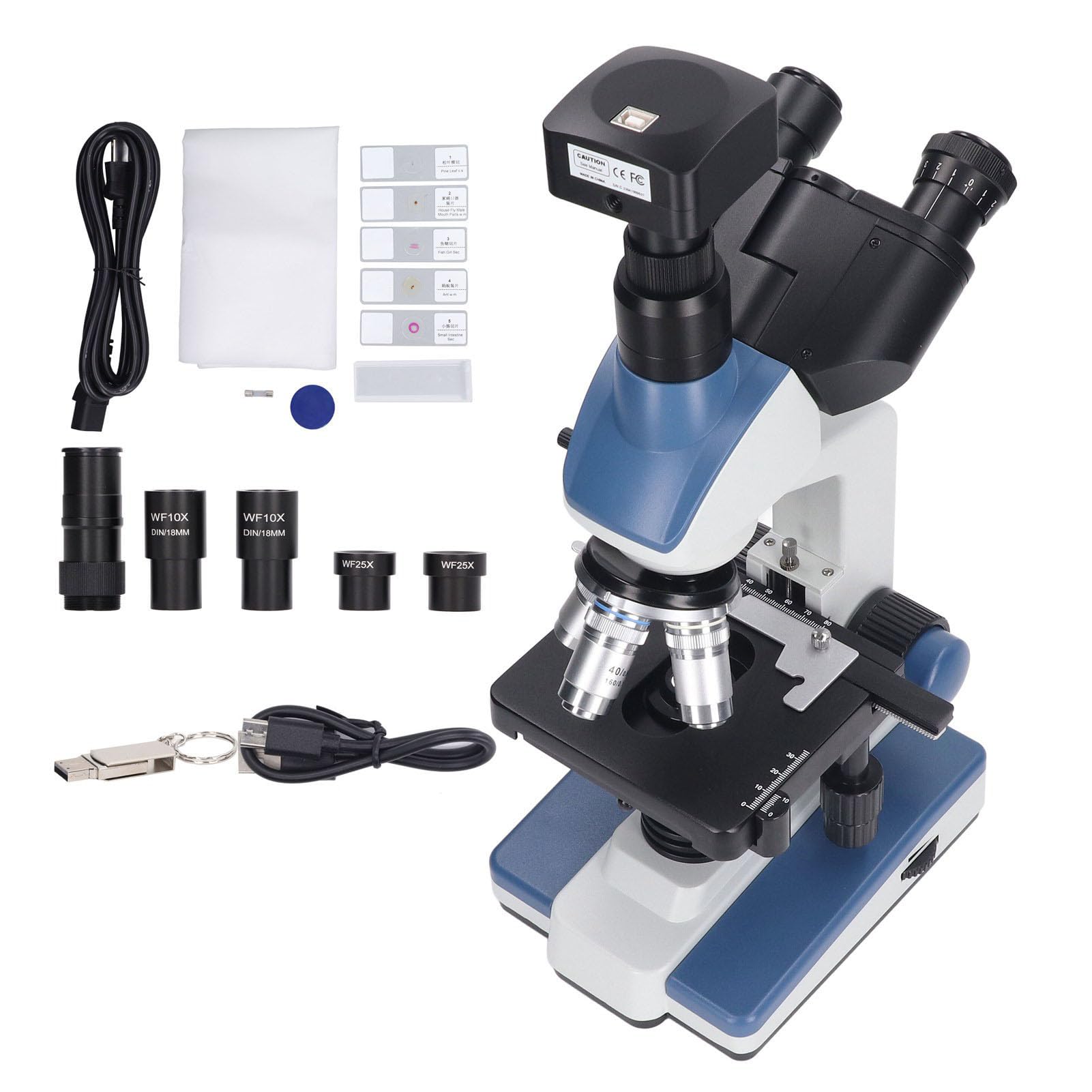Fafeicy KP AM5100 40X-2500X Trinokularowy Mikroskop Złożony z kamerą USB 5MP Oświetlenie LED Mechaniczny Stolik do Nauczania Biologii Badania Laboratoryjne (wtyczka UE)