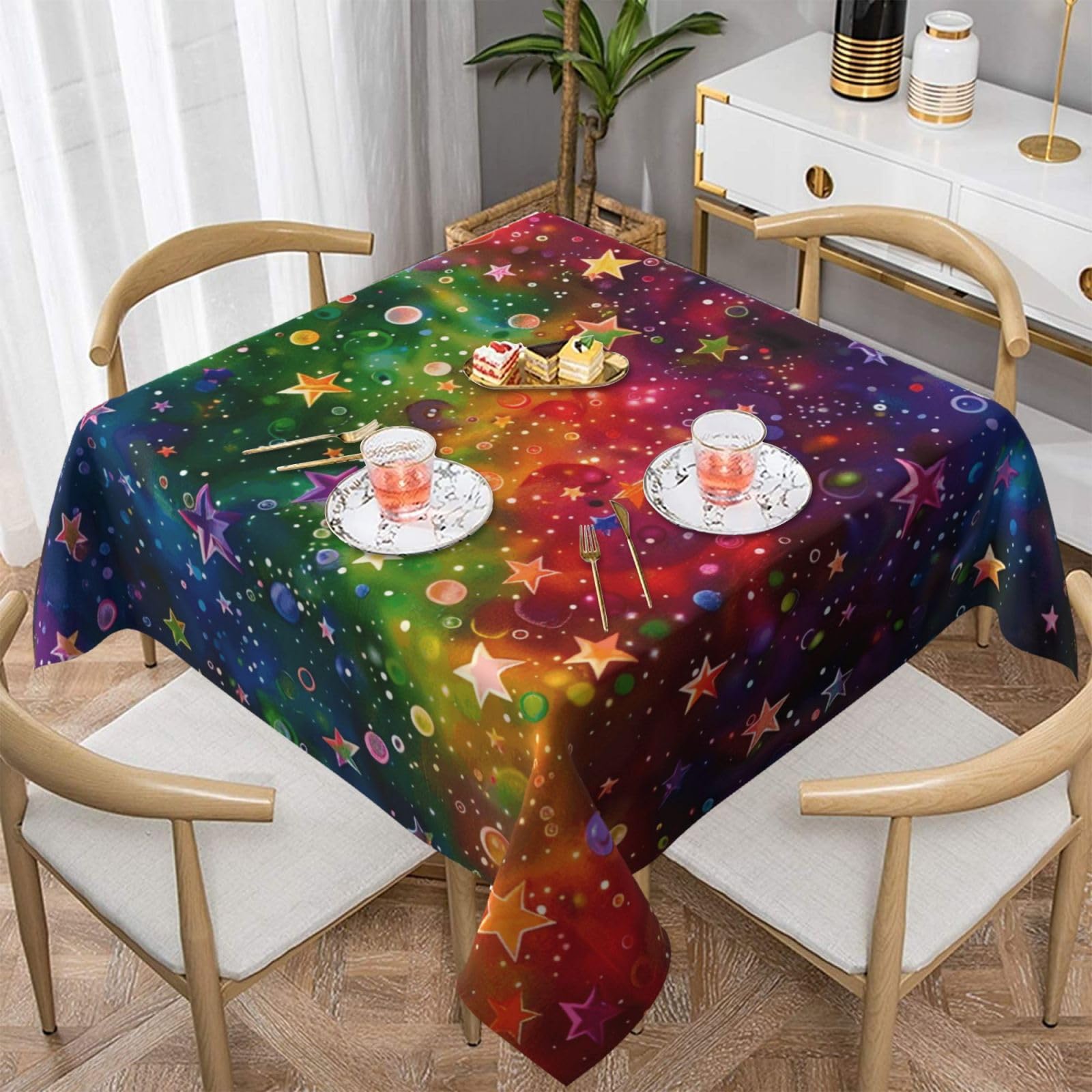 WPKJU Colorful Rainbow Stars Printed Square Tablecloth 60x60 inch Water Resistant Table Cover Washable Rectangle Table Cloth for Dining Tables