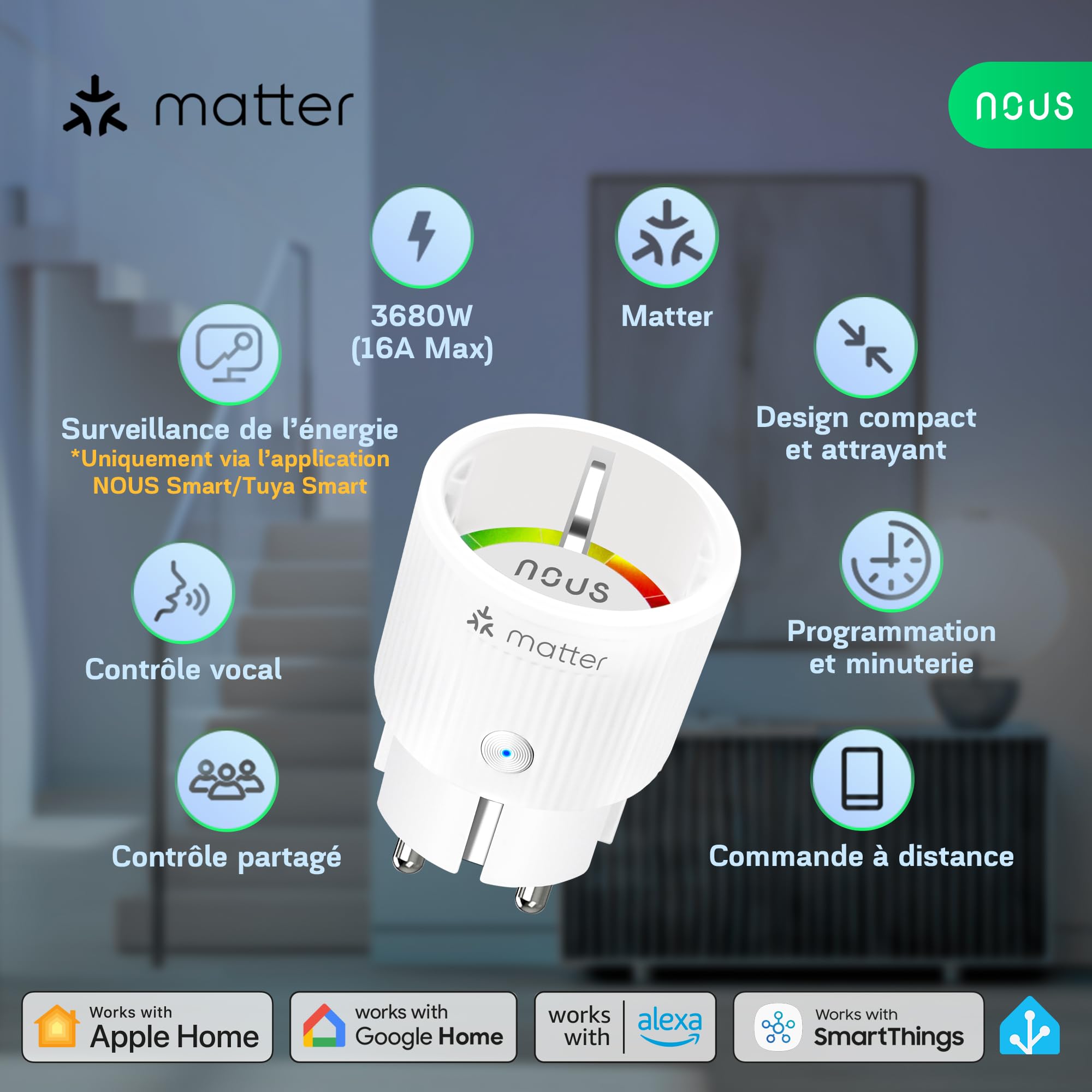 NOUS Prise Connectée Matter avec Suivi de Consommation Électrique, 16A 3840W, Compatible avec Alexa, Google Home, Tuya, Apple Homekit, SmartThings, Télécommande via App, WiFi 2.4 GHz