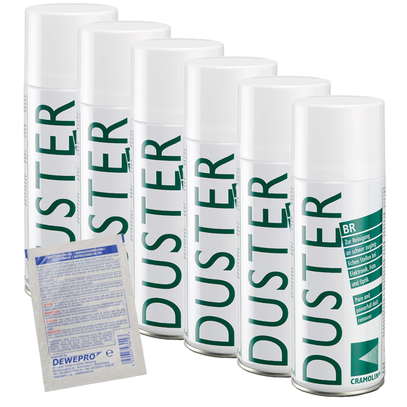 DUSTER BR – VPE: 6 x 400 ml – Spray ad aria compressa – per la rimozione della polvere in punti difficili da raggiungere – ITW Cramolin – 1471611 – incl. 1 pz. DEWEPRO® SingleScrubs