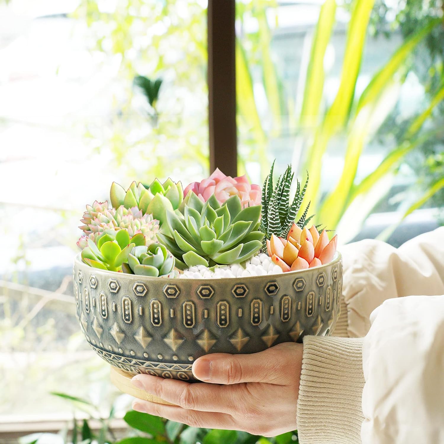 8 Inch Ceramic Succulent Planter Pots with Drainage Hole Flower Pot for Indoor Plants Round Shallow Bonsai Pot with Bamboo Tray Blue